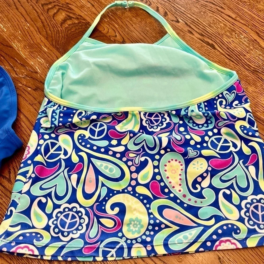 OP Girls Swimsuit Size 10/12 Medium Tankini Blue Paisley Peace Sign 2pc Bathing
